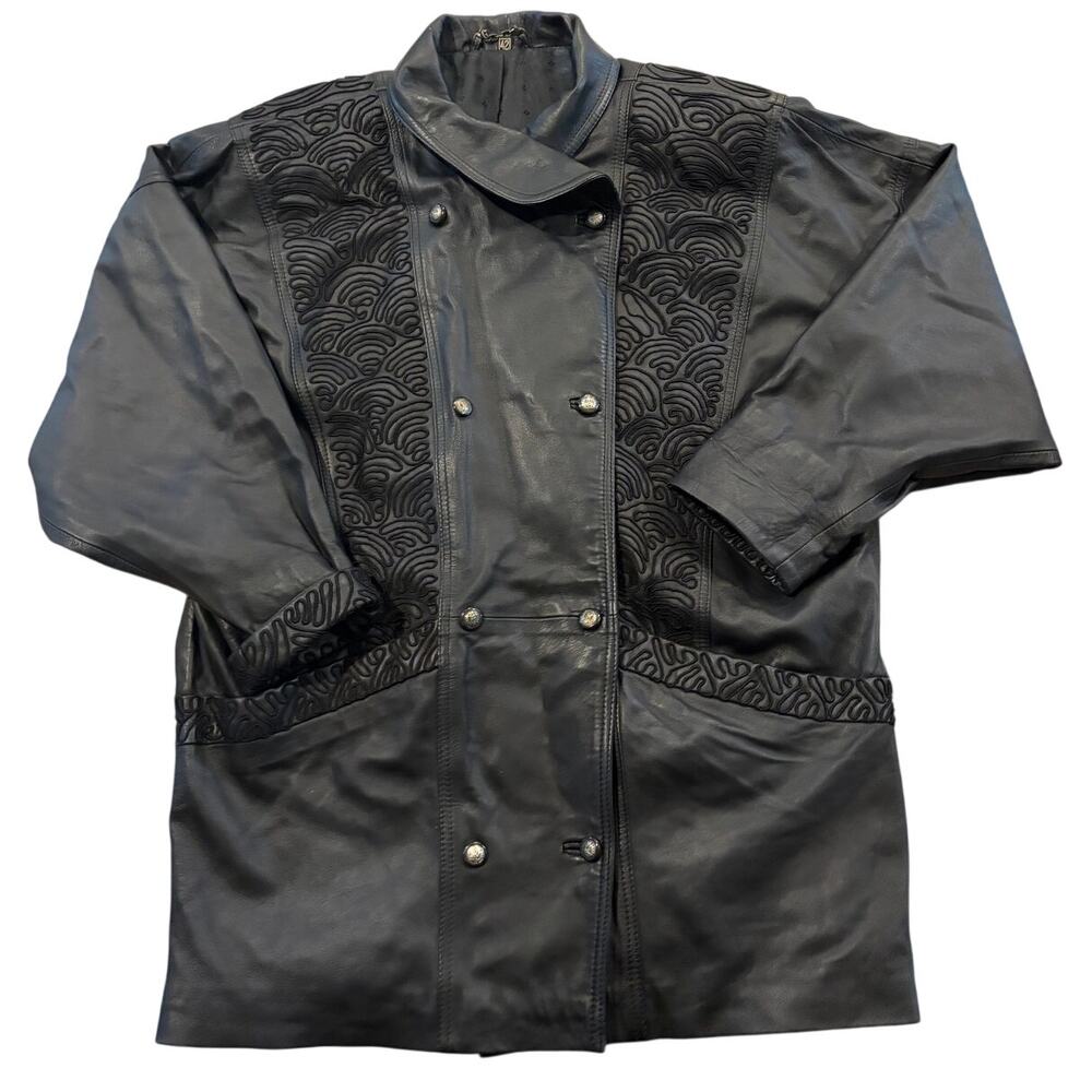 Vtg Echtes Leder Black Leather Jacket Women L Goth Embroider Avante garde Button